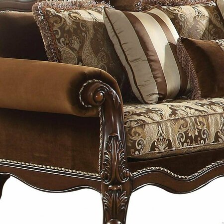 Homeroots 37 x 89 x 46 in. Fabric Cherry Oak Upholstery Wood Leg & Trim Sofa with 6 Pillows 348213